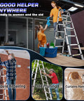 8.53 Ft A Frame Aluminum Telescoping Ladder With 9 Plus 9 Steps Silver Built Tough Like A Workhorse For Home Projects Holds Up To 330 Lb Lightweight And Sturdy For Garage Roof And Loft Tasks. shown in use for cleaning and repairs