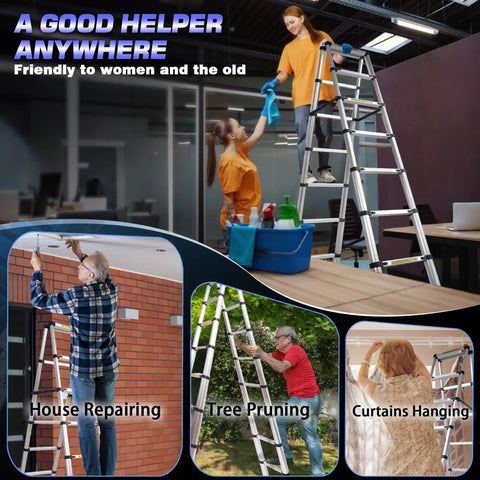 8.53 Ft A Frame Aluminum Telescoping Ladder With 9 Plus 9 Steps Silver Built Tough Like A Workhorse For Home Projects Holds Up To 330 Lb Lightweight And Sturdy For Garage Roof And Loft Tasks. shown in use for cleaning and repairs