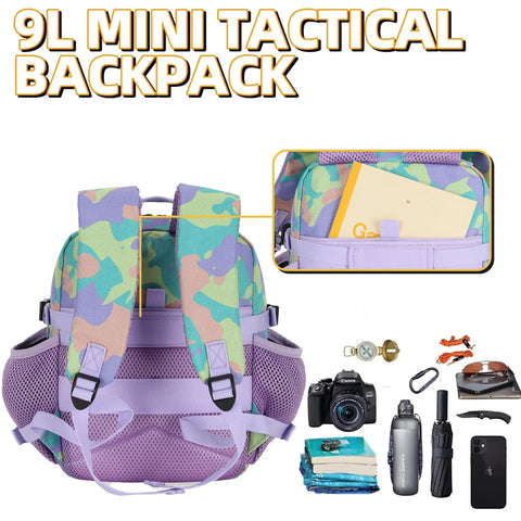 9L Mini Tactical Backpack For Men And Women with camo design, spacious interior, and accessories shown for hiking and gym use.