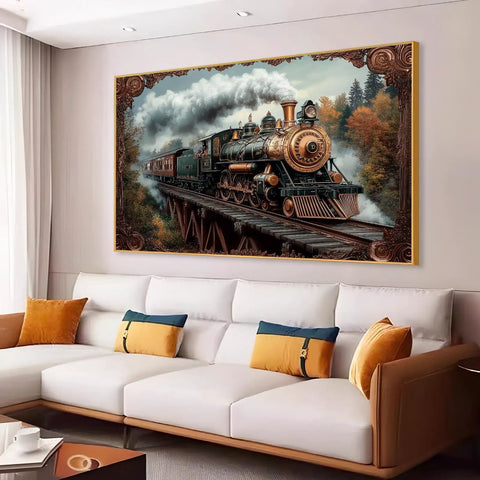 Old School Steampunk Steam Train Canvas Wall Art With Black Framed Finish Antique Locomotive Poster in living room decor