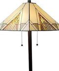 Mission Style Stained Glass Floor Lamp, 62 Inch Tall, Yellow Green Brown Gold Ivory Tan Glass Shade, Two Pull Chains