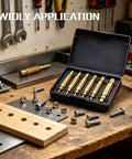 Premium 6-Piece Screw Extractor Kit Made From Tough HSS Steel To Fix Stripped Bolts, Damaged Screws, And Nuts For Daily Repairs And Heavy Auto Jobs Without Hassle. open case on workbench with six brass extractors and bolts
