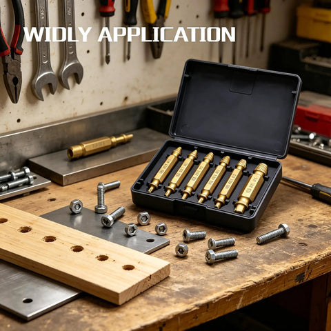 Premium 6-Piece Screw Extractor Kit Made From Tough HSS Steel To Fix Stripped Bolts, Damaged Screws, And Nuts For Daily Repairs And Heavy Auto Jobs Without Hassle. open case on workbench with six brass extractors and bolts