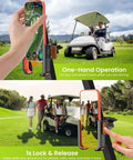 Heavy Duty Golf Cart Phone Holder Mount with 3 Second Clip Install shown on golf cart, highlighting one-hand operation and lock release.
