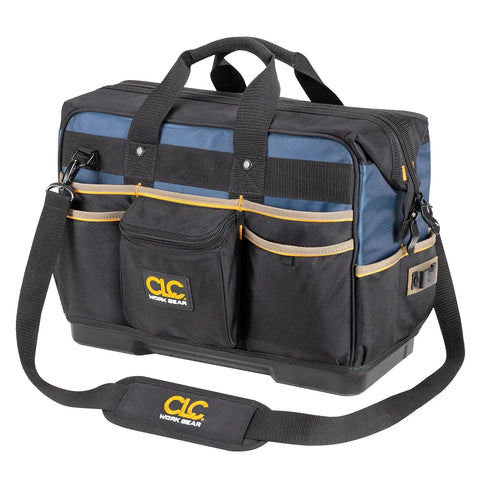 19 Inch Molded Base Contractor Tool Bag With Closed Top And Easy Access Pop Open Design Large Main Compartment 13 Inner Pockets And 16 Exterior Pockets For Organizing Power Tools Circular Saws Hard Hats And Accessories