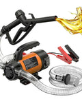 Heavy Duty 12V Electric Fuel Pump Kit Featuring A Slick 15 Gallon Per Minute Flow Rate For Fast Diesel Fuel Transfer On The Jobsite Without Any Stress, showcasing the pump, nozzle, and hoses.