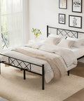 Queen Size Bed Frame With Integrated Headboard, Hella Sturdy Steel Base, Built Like A Tank For Serious Support, Zero Box Spring Drama Required, Effortless Assembly Design In Classic Matte Black in a well-decorated room.