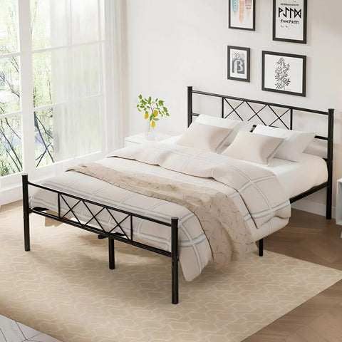 Queen Size Bed Frame With Integrated Headboard, Hella Sturdy Steel Base, Built Like A Tank For Serious Support, Zero Box Spring Drama Required, Effortless Assembly Design In Classic Matte Black in a well-decorated room.