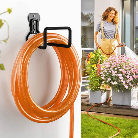 Heavy Duty Hose Holder Stand Wall Mount 2 Pack Garden Hose Hanger Reel Metal Water Pipe Tube Hooks Rack For Outdoor Yard Garage Storage Weatherproof Black Finish with orange hose