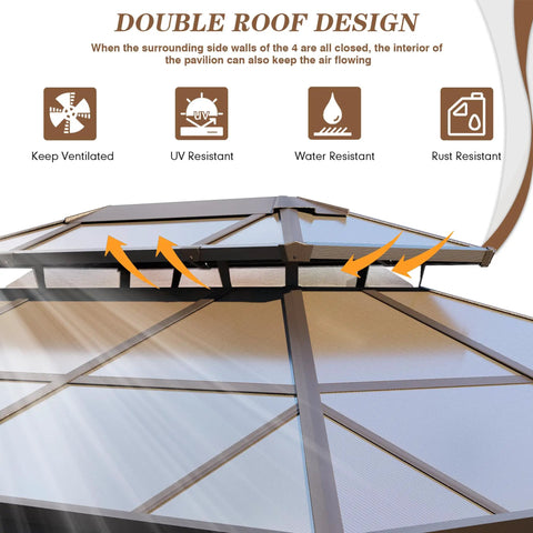 Double roof of 10 Foot By 13 Foot Gazebo With Double Polycarbonate Roof, Durable Aluminum Frame Pergola, showing ventilation design.