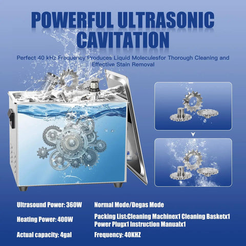 15L Ultrasonic Cleaner With Heater And Degassing, 110V 360W Workhorse for automotive parts with gears and water illustration