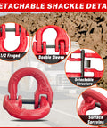 Detachable shackle with red finish showing detail of 1/2 forged double sleeve and detachable structure against rocky landscape.