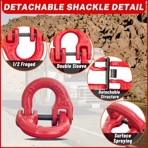 Detachable shackle with red finish showing detail of 1/2 forged double sleeve and detachable structure against rocky landscape.