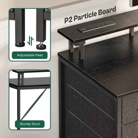 Close-up of 47 Inch Computer Desk With Built In Power Outlets And LED Lights, Game Ready Desk With Four Drawers And Monitor Stand, Black, showing P2 particle board, adjustable feet, and sturdy strut.