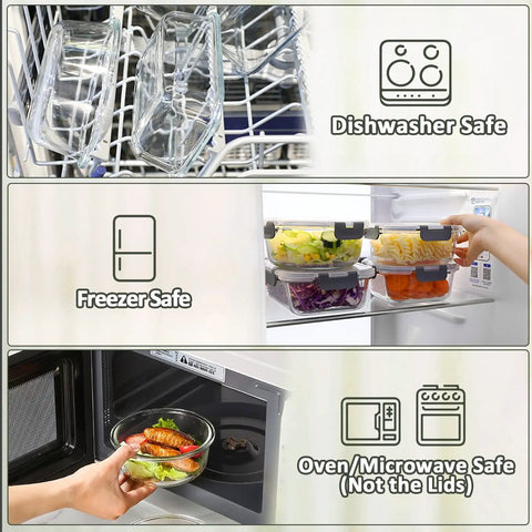 Glass Food Storage Set With 24 Pieces And Upgraded Snap Lock Lids in dishwasher, freezer, and microwave, showcasing versatility.