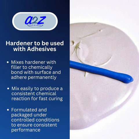 Blue Cream Epoxy Hardener 4 Oz Bulk Pack for stone industry and marine projects shown with mixing instructions.