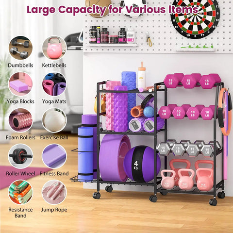 All In One Home Gym Organizer Rack With Wheels And Hooks For Dumbbells, Kettlebells, Yoga Mats, Foam Rollers, And Exercise Equipment