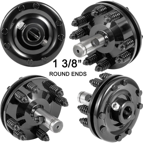 Rugged 1 3/8 Inch PTO Slip Clutch For Farm Tractors, adjustable carburized steel with round ends, showing multiple angles.