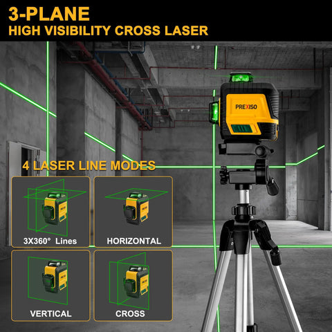 3 X 360 Degree Laser Level with Tripod Do It All Rechargeable 82 Ft Cross Line Green Laser Self Leveling for Construction Tile and Home Renovation Magnetic Base Iron Plate Carry Bag, displayed in concrete interior with green laser lines, tripod included.
