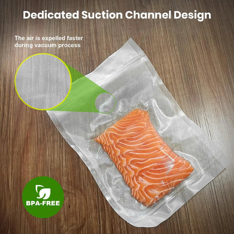 Vacuum Sealer Bags 2 Pack 11x20 Rolls BPA-Free Heavy-Duty, vacuum-sealed salmon on wood surface