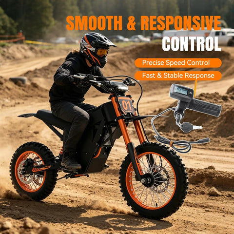 Rider on dirt bike using 48V Ebike Throttle With M Button LCD Display For Tuttio Soleil 01 Electric Dirt Bike Upgraded Version.