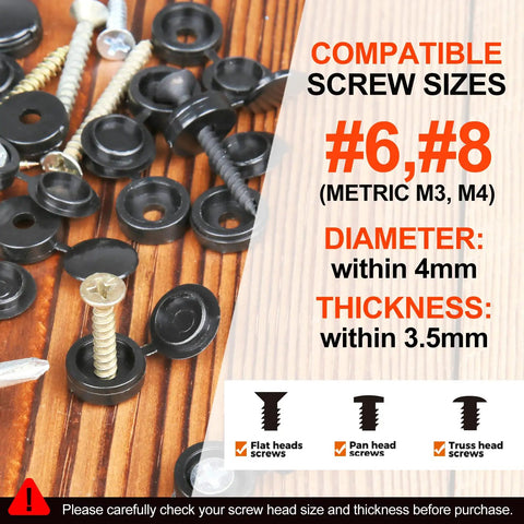 Image showing Heavy Duty Black Plastic Hinged Screw Cap Covers For 6 And 8 Hardware 150 Pack with black caps and screws.