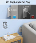 Game Changer Surge Protector Power Strip With 10 Foot Flat Plug showing right angle plug behind couch