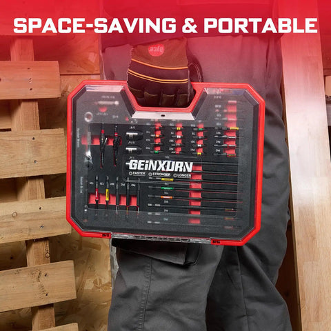 44-Piece Magnetic S2 Impact Screwdriver Bit Set with Ratchet Wrench in compact clear tool box organizer showcasing space-saving design.