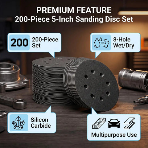 Kickstart Your Woodworking Projects With These Badass 5 Inch Silicon Carbide Sanding Discs Featuring 8 Quick Hook Loop Holes for 200 sanding discs.