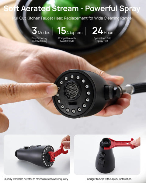 Top Shelf Slick Pull Down Kitchen Faucet Sprayer Head Replacement In Matte Black With Heavy Duty Connectors and Three Way Spray Patterns for No Fuss Quick Cleanups Around Your Home, showing nozzle with cleaning features.