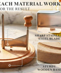 Close-up of Rose Shaped Cheese Cutter Shaver For Semi Hard Cheeses, manual rotating wheel tool with stainless steel blade and wooden base