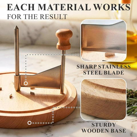 Close-up of Rose Shaped Cheese Cutter Shaver For Semi Hard Cheeses, manual rotating wheel tool with stainless steel blade and wooden base