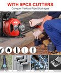 Beat Stubborn Clogs Dead To Rights With This 100ft Auto Feed Sewer Snake Machine And Drain Cleaner Featuring 750w Power And 3 4 Inch Thick Cable Plus Versatile Arrow Spade And Boring Bulb Cutters That Make Pipe Maintenance Total Piece Of Cake At Home, showing red drum snake in use.