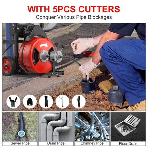 Beat Stubborn Clogs Dead To Rights With This 100ft Auto Feed Sewer Snake Machine And Drain Cleaner Featuring 750w Power And 3 4 Inch Thick Cable Plus Versatile Arrow Spade And Boring Bulb Cutters That Make Pipe Maintenance Total Piece Of Cake At Home, showing red drum snake in use.