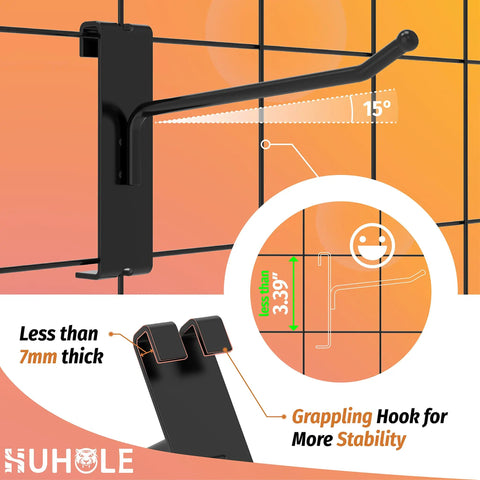 32 Pack Black Gridwall Hooks Six Inch Heavy Duty Display Hooks For 3 X 3 Wire Grid Panels showing upturn design with grappling stability.