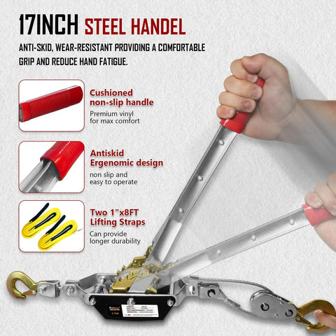 Heavy Duty Come Along Winch 2 Ton With 12 Ft Steel Cable Dual Gear Hoist 2 Hooks And Two 1x8 Ft Lifting Straps with cushioned handle
