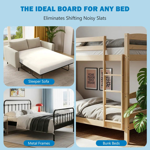 Image showcasing Heavy Duty Full Size Bunkie Board Two Piece Split Design for various bed types including sleeper sofa and bunk beds.