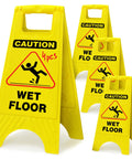 Bright Caution Wet Floor Sign 24 Inch Folding A Frame Double Sided 4 Pack Portable Safety Sign For Busy Walkways High Visibility Yellow Indoor Use Ideal For Commercial Kitchens Hospitals Warehouses And Schools, stacked yellow A-frame signs