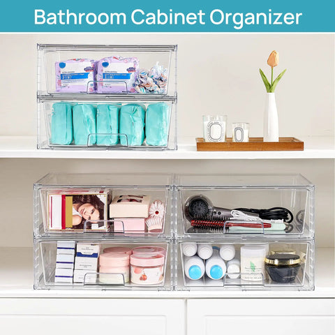 Stay Flawlessly Organized With These Hella Spacious Clear Stackable Storage Drawers 2 Pack Large Plastic Bins For Pantry Closet Heavy Duty Boxes For Daily Essentials in bathroom cabinet.
