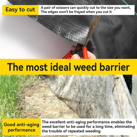 Heavy Duty Weed Barrier Fabric 5 Ft By 100 Ft 3.2 Oz Ground Cover For Landscaping And Gardening Weed Control Mat being cut with scissors