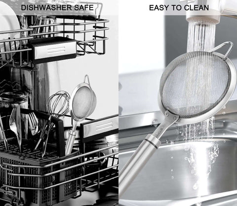 304 Stainless Steel Fine Mesh Strainer With Handle Skimmer for kitchen showing dishwasher safe and easy to clean features