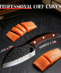 Hand Forged Meat Cleaver With Leather Sheath for Everyday Kitchen Prep, hammered 3CR13 steel blade with sliced salmon on board
