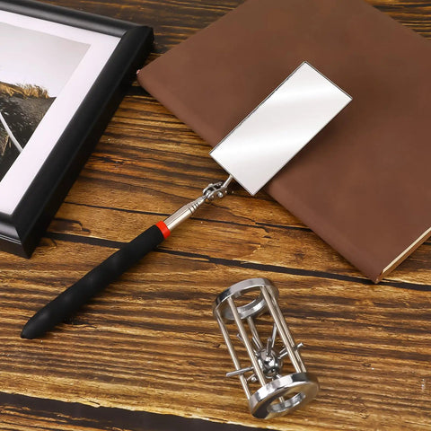 Telescoping Rectangular Inspection Mirror with 360 Degree Rotation for Mechanics, Extendable Long Reach Tool, shown on a table