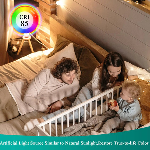 Family in warm LED-lit room with crib, showcasing GU10 Dimmable LED Bulbs 2700K Warm White 700 Lumens 6W 120V in cozy setting.
