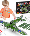 Child assembling Build Your Own Hurricane Fighter Plane Kit With 331 Metal Parts In 1:32 Scale, model parts on table