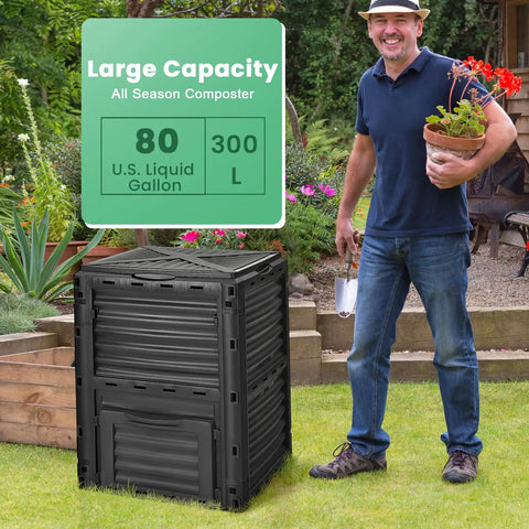 Man standing beside 80 Gallon Outdoor Compost Bin With Top Lid And Bottom Door Aerating Design, Weatherproof PP Plastic.