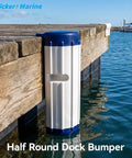 Half round dock bumper mounted on wooden dock, protecting edge. Ideal for marine use. Dock Bumper Marine Dock Protector Built Tough.