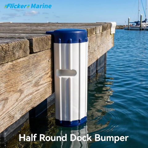 Half round dock bumper mounted on wooden dock, protecting edge. Ideal for marine use. Dock Bumper Marine Dock Protector Built Tough.