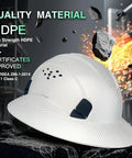 Full Brim Hard Hat With Vented Design Adjustable Fit Lightweight Construction Safety Helmet With Sunshade Built For The Job Site Industrial Head Protection ANSI Approved All Day Comfort, HDPE material shown.