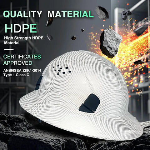 Full Brim Hard Hat With Vented Design Adjustable Fit Lightweight Construction Safety Helmet With Sunshade Built For The Job Site Industrial Head Protection ANSI Approved All Day Comfort, HDPE material shown.